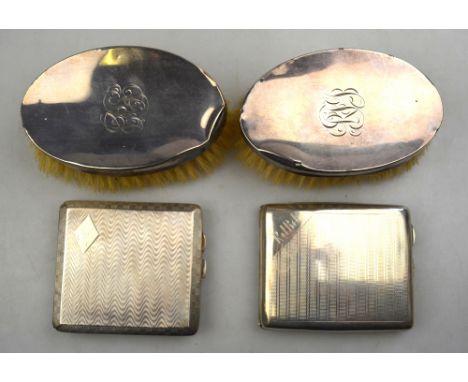 Two engine-turned silver cigarette cases, Chester 1924 (little used) and Birmingham 1933, 6.6 oz total, to/w a pair of gentle