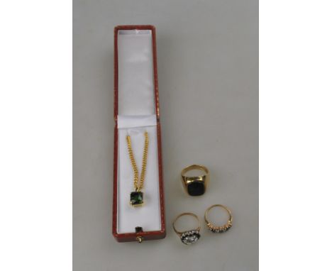 A gentleman's 9ct gold signet ring with black agate seal, to/w a 9ct gold pendant and chain set with a green tourmaline and t