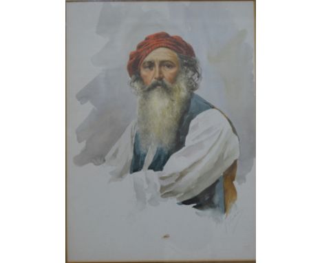 Filesay? - Portrait of a bearded man with red beret, watercolour, indistinctly signed, 33 x 24 cm Condition Report Good condi