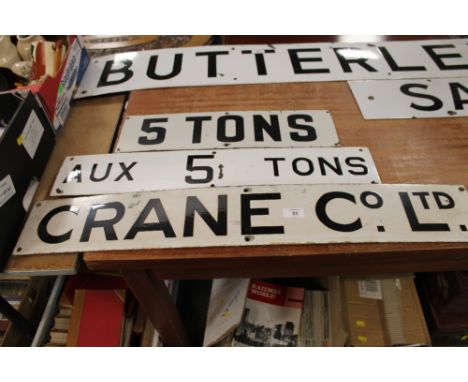 THREE ENAMEL SIGNS '5 TONS', 'CRANE CO LTD' AND 'AUX 5 TONS'