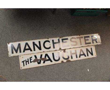 TWO ENAMEL SIGNS 'MANCHESTER AND THE VAUGHAN'