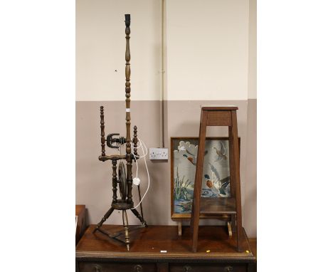 A MODERN SPINNING WHEEL LAMP TOGETHER WITH A FIRESCREEN AND A PLANT STAND  (3)