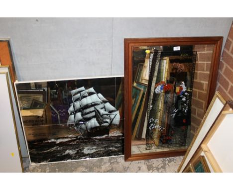 AN ART NOUVEAU STYLE PORTRAIT MIRROR TOGETHER WITH A MIRRORED MARITIME TILE PICTURE