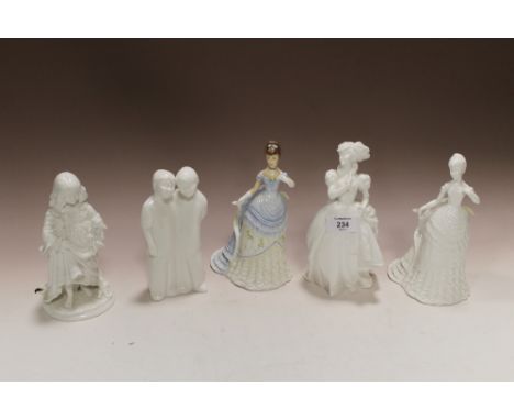 THREE UNPAINTED ROYAL WORCESTER FIGURES, TOGETHER WITH A PERSONALISED EXAMPLE AND A COALPORT MOMENTS FIGURE 'BEST BUDDIES' (5