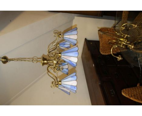 A PUB STYLE HANGING LIGHT WITH COLOURED GLASS SHADES TOGETHER WITH ANOTHER HANGING LIGHT  (2)