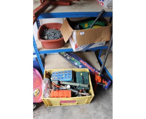 A LARGE QUANTITY OF TOOLS TO INCLUDE NAILS, PUMP ETC