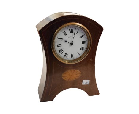 ARTS AND CRAFTS INLAID MANTLE CLOCK GILSSON LTD BELFAST  GOOD WORKING ORDER AND KEY 