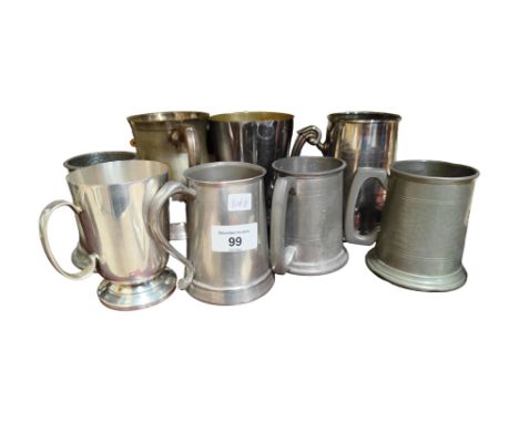 SHELF LOT OF OLD PEWTER &amp; SILVER PLATE TANKARDS 