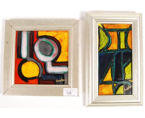 Anita Harris - Two original 1970's retro vintage framed studio art glazed ceramic tiles having bold geometric and circular fo