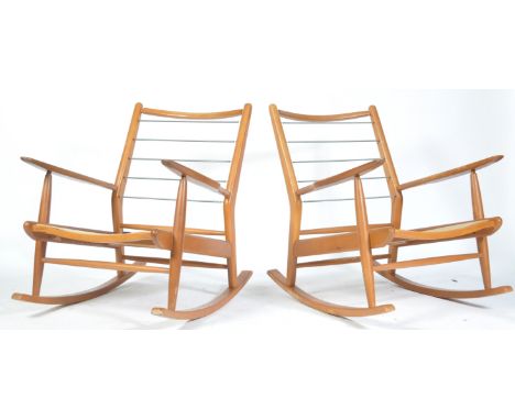 Scandart - A pair of original 1960's retro vintage beech wood rocking chairs having sprung ladder back with shaped propeller 