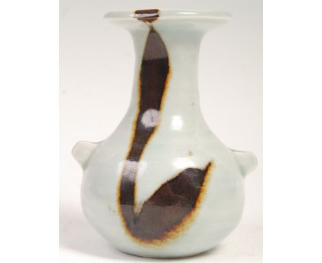 Janet Leach (1918-1997) - St Ives Pottery - A mid 20th Century retro vintage studio art pottery vase having a pale celadon gl