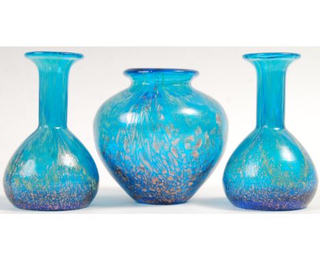 Dale Tiffany - Fravile - A trio set of late 20th / 21st Century studio art glass vase each having translucent blue with gold 