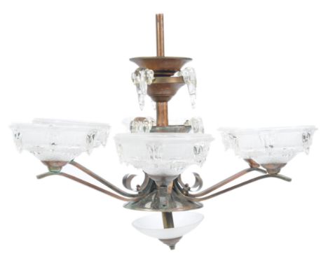 Believed Atlier Petitot - Ezan Glass - A stunning 1930's Art Deco antique vintage five arm ceiling light chandelier fixture h