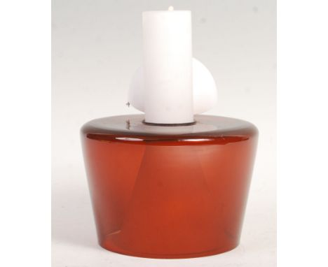 An original retro vintage 1970's Danish glass ceiling light shade in orange glass. Tulip shaped inner white conical shade, wi