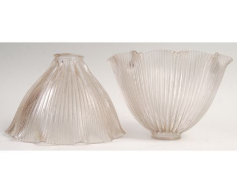 Holophane - A pair of early 20th Century Art Deco antique vintage glass light lamp shades of ribbed shape clear glass constru
