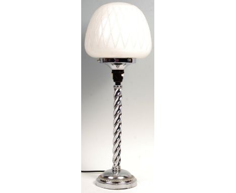 An original early 20th Century Art Deco antique vintage table desk lamp having a stepped chrome base and barley twist column 