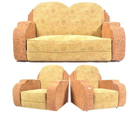 A 20th Century Art Deco type sofa suite comprising of a sofa settee and two matching arm chairs / armchairs of fan shape with