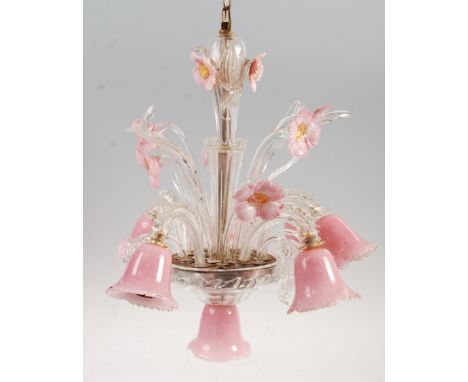 Murano - A stunning original mid 20th Century Italian Venetian studio art glass six light chandelier ceiling lamp of cranberr
