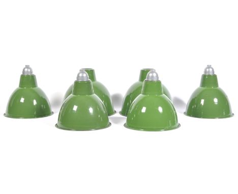 A set of six 20th Century retro vintage industrial porcelain enamel pendant ceiling light shade comprising of four smaller sh