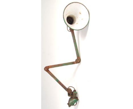 An original 1940's retro vintage industrial factory work lamp desk light having a wall mount with three arm articulated neck 