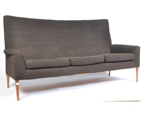 A mid 20th century French retro vintage three seat sofa settee having a tall shaped backrest, cushioned seats and propeller a