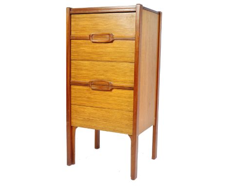 A 20th Century Danish retro vintage teak two tone wood pedestal chest of drawers having an upright bank of 5 drawers having b