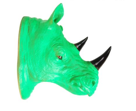 A 20th century contemporary festival / events prop neon green Rhino / Rhinoceros head wall decoration. Resin / fibreglass tax