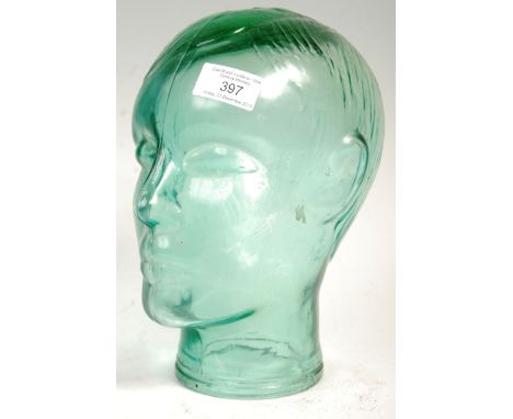 A 20th century art deco style moulded pressed glass phrenology type male head - shop display stand / millinery mannequin head