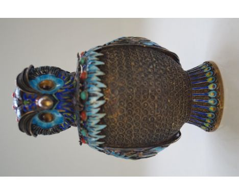 Chinese gilded silver lidded jar in the form of an owl, polychrome enamel, filigree scrolled borders to chest, gilded through