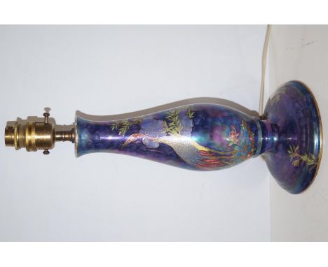 Maling 1930's lustre table lamp, footed baluster form, decorated with foliage and two Cranes, height 37cm