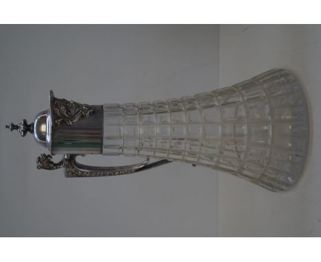Silver mounted and hob nail cut glass claret jug with conical tapering body, stylised finial to handle and mask spout, Sheffi