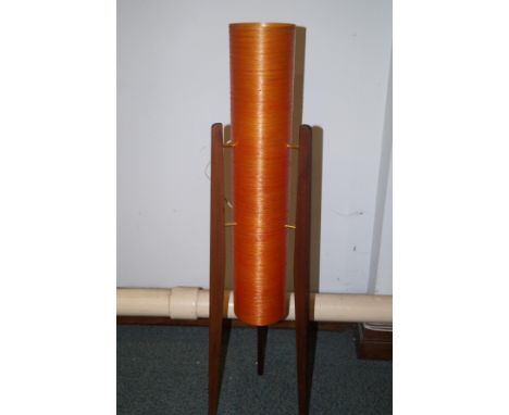 Retro rocket lamp, orange spun nylon shade with three teak supports, retaining original wiring, requires plug, height 94cm  