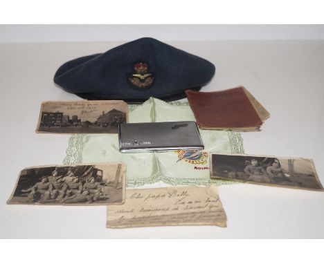 RAF interest beret with cloth cap badge, engine turn cigarette case, silk, pay book and various related ephemera.