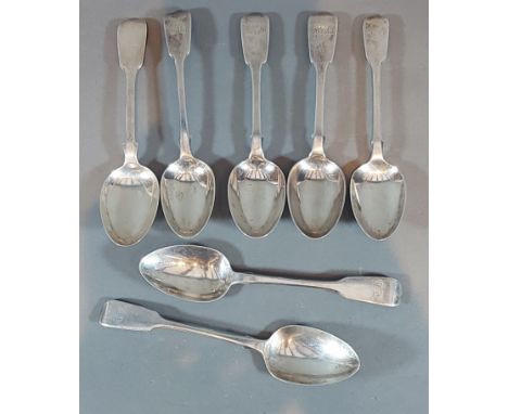 A set of three Victorian London silver dessert spoons together with a pair of Victorian silver dessert spoons and two other s