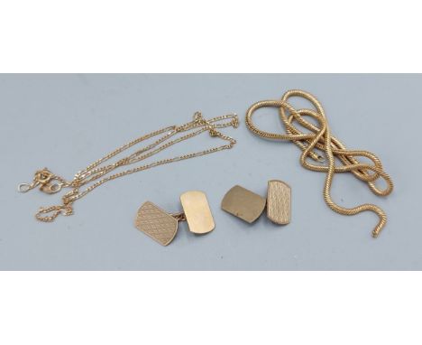 A pair of 9ct gold cufflinks with engine turned decoration together with a 9ct gold linked necklace and another 9ct gold neck