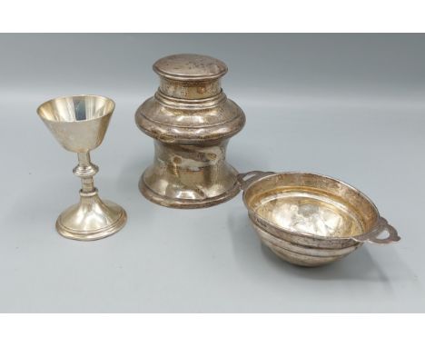 A George V silver tea caddy of cylindrical form, Birmingham 1912 together with a Sheffield silver bowl and a London silver go