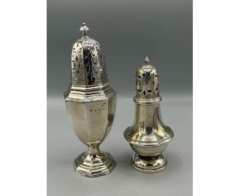 A Birmingham silver sugar caster of octagonal pedestal form together with another Birmingham silver sugar caster, 10ozs 