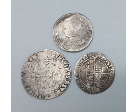 An Elizabeth I silver sixpence dated 1561 together with a Philip and Mary silver shilling and a 1711 Guinea 