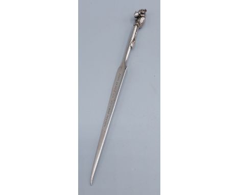 A London silver letter opener by Brian Leslie Fuller, the handle in the form of a Doormouse, 19cms long 