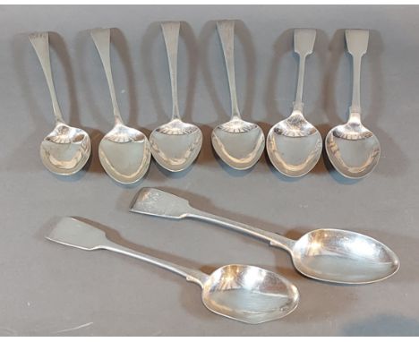 A pair of George III silver table spoons, London 1810, together with six other Georgian and later table spoons, 16ozs 