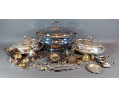 A silver plated covered tureen together with a pair of plated entree dishes and a collection of silver plated items 