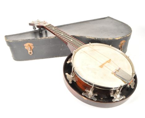 Melody-Uke - A vintage mid 20th century Melody brand banjolele banjo ukulele. The instrument in a fitted case. British made.