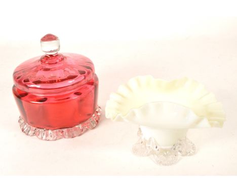 19th century Victorian cranberry glass lidded pot and uranium glass believed to be a Fenton epergne. Lidded pot of circular f