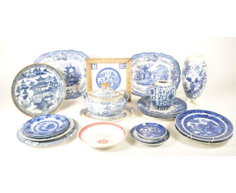 Collection of 19th / 20th china and ironstone wares all decorated in a blue and white transfer design. Makers including Miles