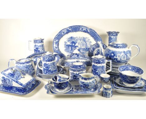 George Jones &amp; Sons - Early 20th century earthenware tableware in the Abbey Castle series blue and white pattern. Compris