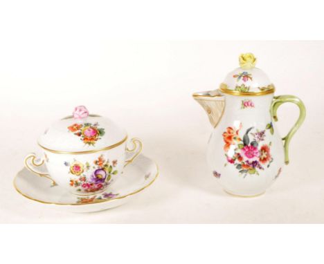 Herend, Hungary - Vintage porcelain lidded chocolate pot together with lidded twin handled cup with saucer. Marker's mark and
