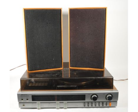 Vintage late 20th century Sanyo stereo music system model GXT 4444 with two speakers. Sanyo music system includes a cassette 