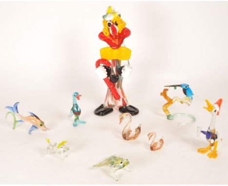Collection of Italian late 20th century studio glass pieces. Comprised of a Murano style glass clown, small glass bird figuri