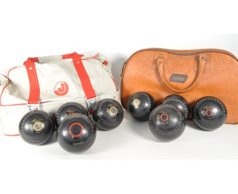 Thomas Taylor -Two sets of vintage 20th century lawn bowls. The collection featuring two sets of four balls, each in carry ca