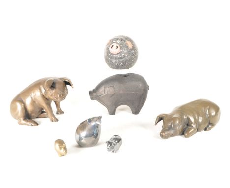 Late 20th century cold cast bronze pigs and five other pig figures. Two cold cast bronze pigs by Joanna Martins, a Dansk silv